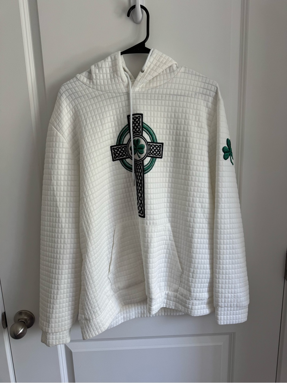 Amazon White Quilted Crewneck Hoodie with Green Celtic Cross Embroidery